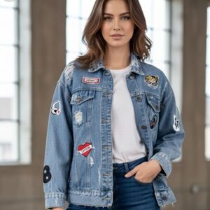 Hand Crafted Upcycled Rock Music Jean Jacket Vintage Embordery Patchwork Size S